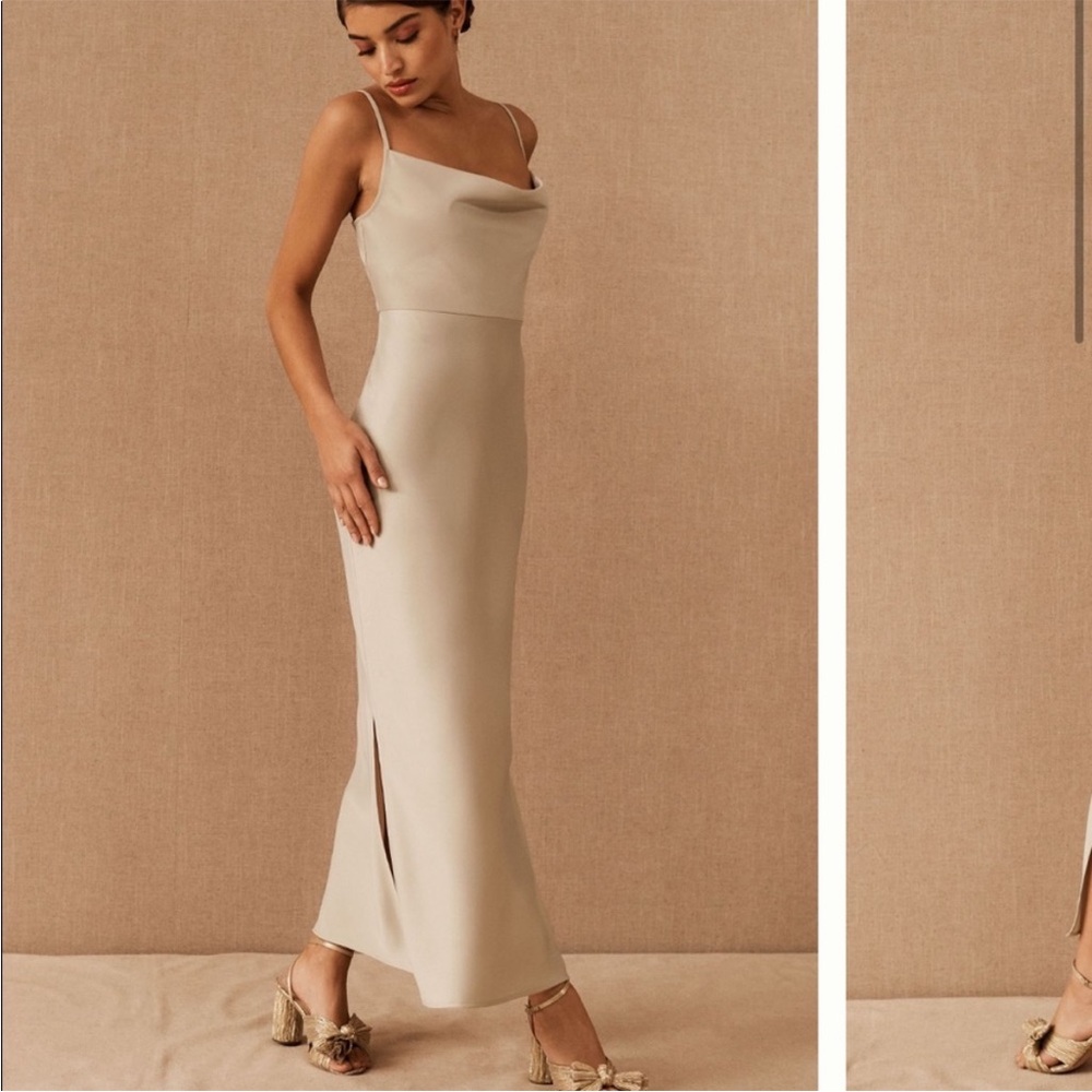 NWT BHLDN Cali size 2 satin charmeuse midi dress in oyster nude cowl neck gown